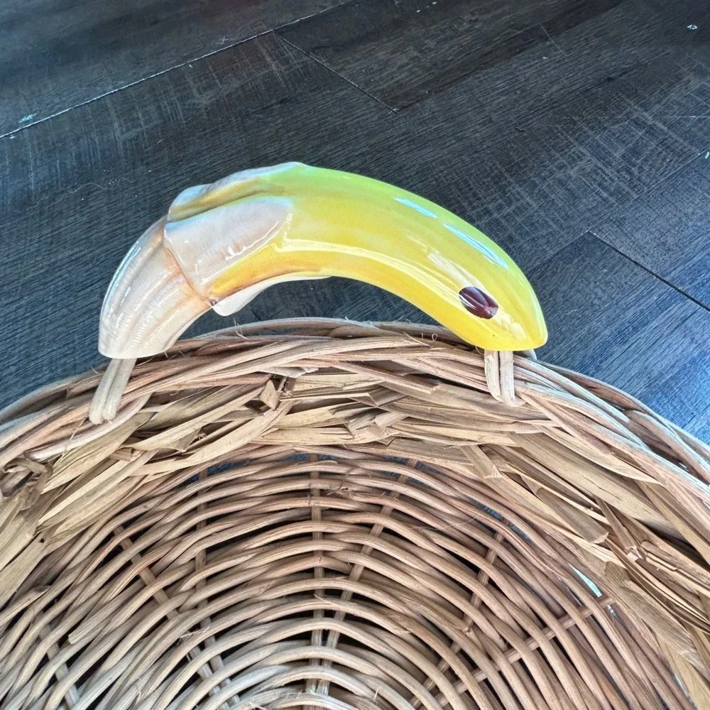 Vintage Wicker Fruit Basket with Ceramic Peeled Banana Handles Oval Tray